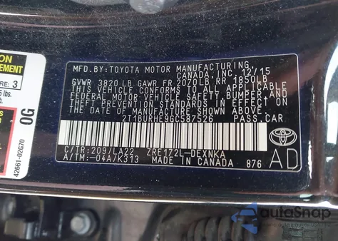 2016 Toyota Corolla Le Premium from USA, damaged, VIN 2T1BURHE9GC587526